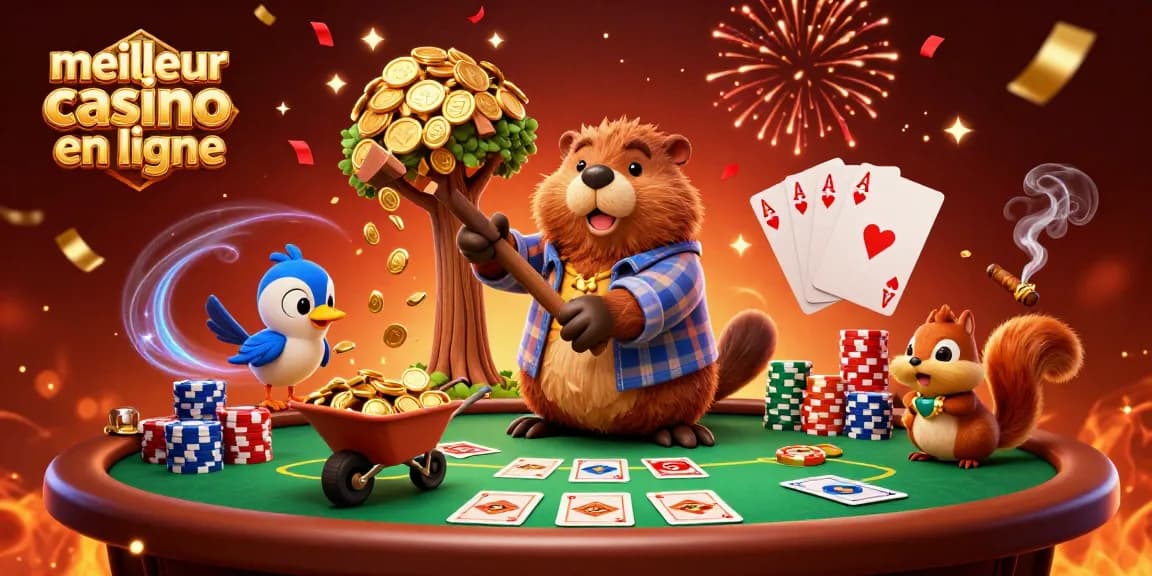 Illustration dynamique représentant le meilleur casino en ligne avec des personnages jouant au poker et des pièces d'or.