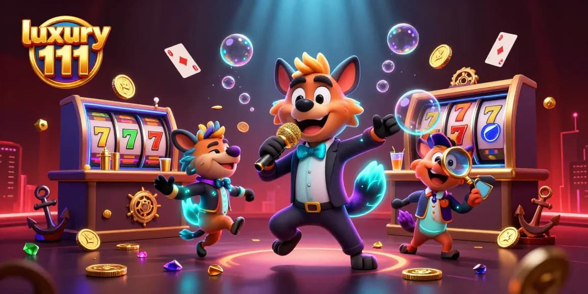 Experience luxury 111 at a comedy casino with hyenas, gold coins, and spinning slot reels.