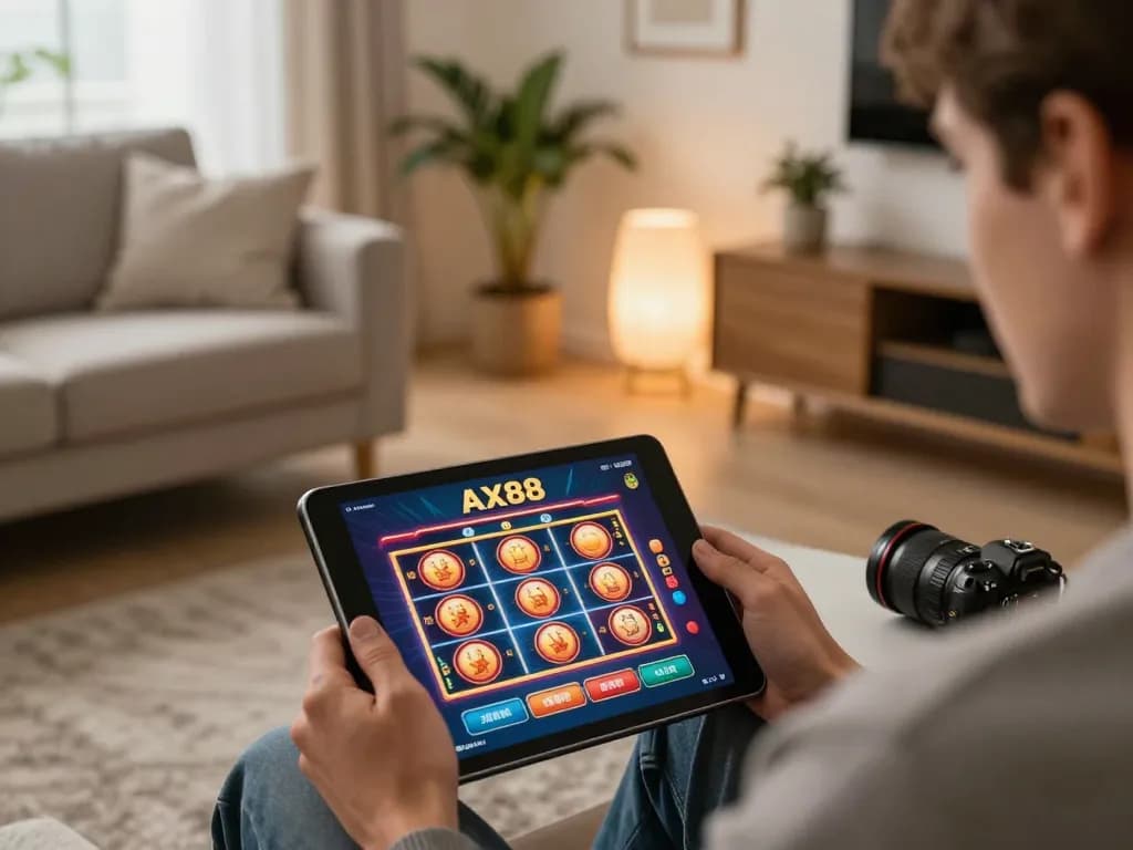 Using the ax88 app on a tablet for an immersive online casino experience in a cozy home.