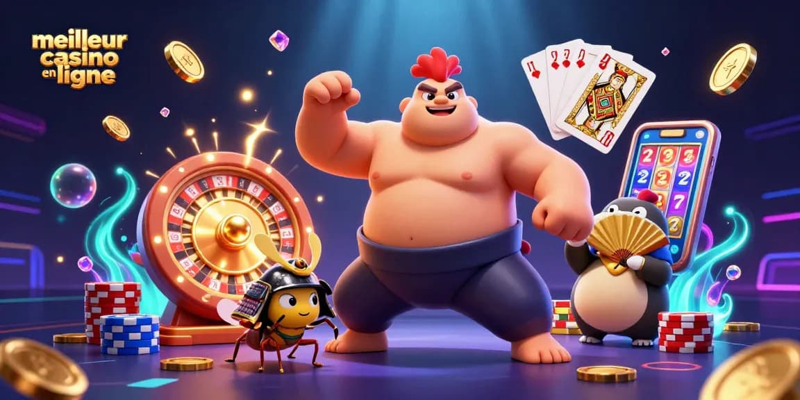 Illustration dynamique du meilleur casino en ligne avec un immense coq sumo, un cricket samouraï et un tanuki animateur.