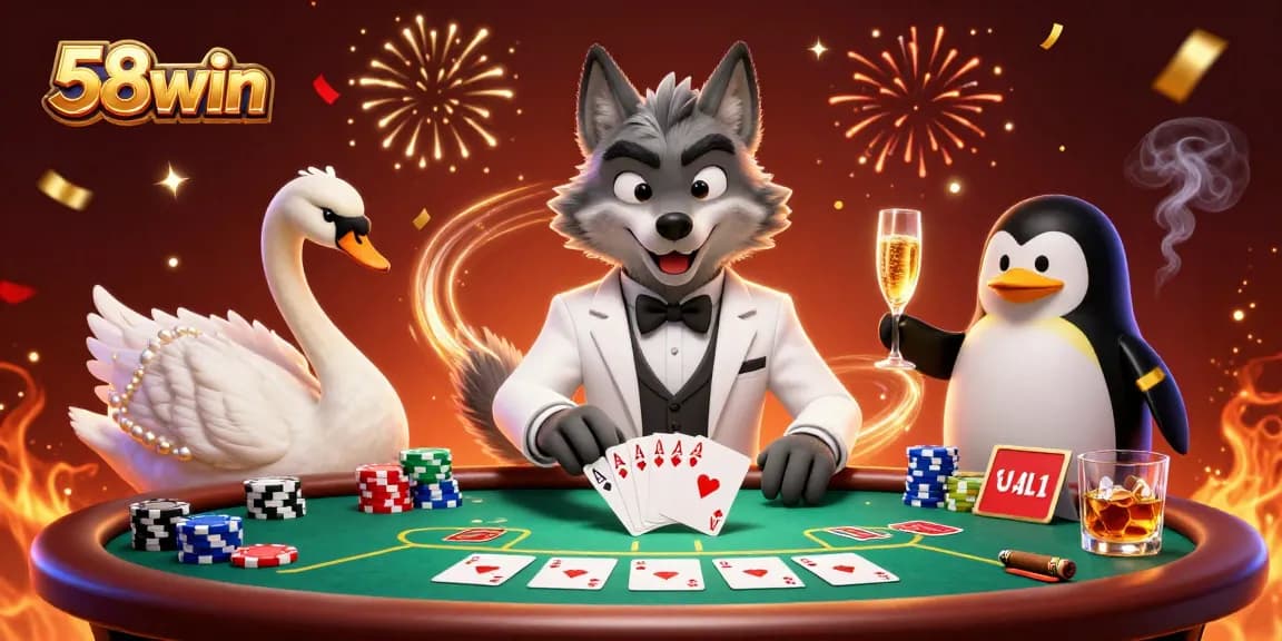 Experience the thrilling atmosphere of 58win with vibrant characters at a baccarat table and rich casino elements.