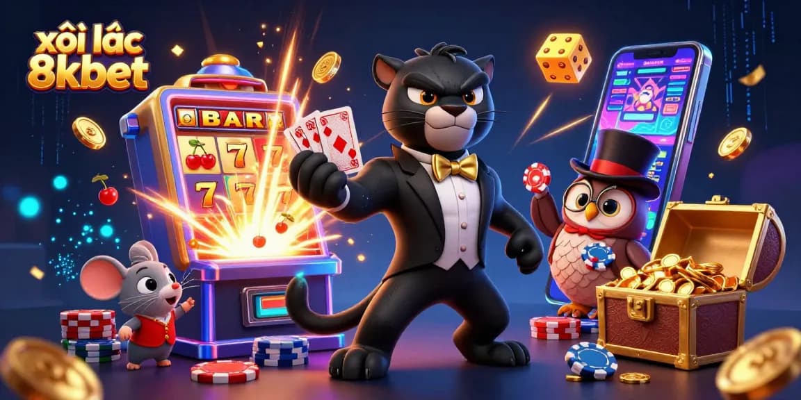 xôi lạc 8xbet offers an engaging gaming experience featuring a playful panther and whimsical characters in a vibrant casino.