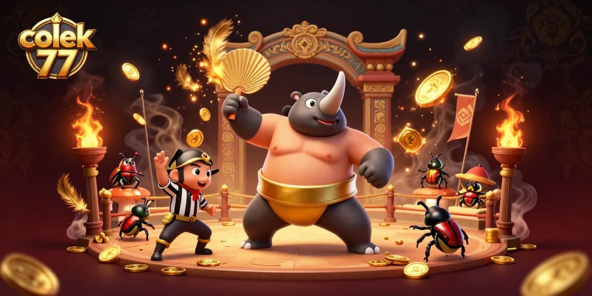 Experience thrilling gambling at colek 77 with a 3D rhinoceros beetle champion amidst swirling gold coins and excitement.