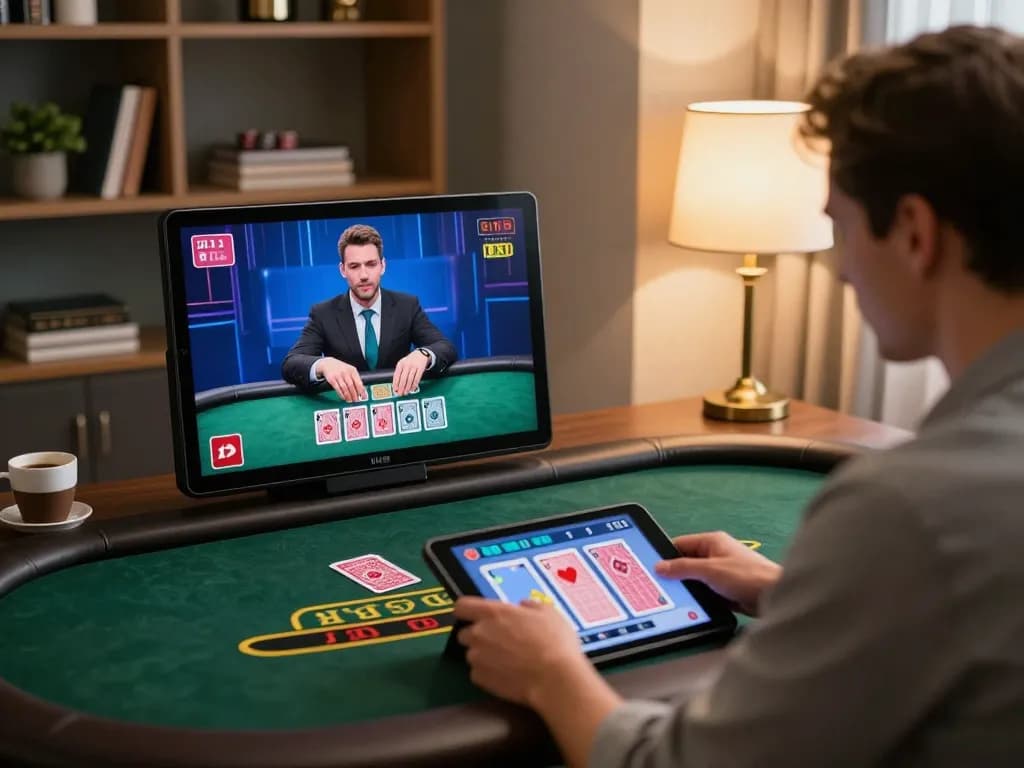 Engaging online gaming scene with sky88 tablet showing blackjack gameplay