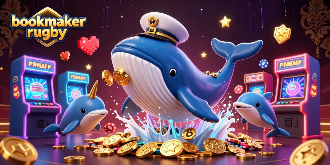 Découvrez bookmaker rugby avec un cétacé géant et des dauphins s'amusant avec des jetons et des pièces d'or.