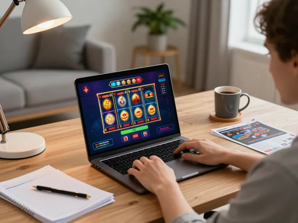 Player engaging with mdg188 online casino game on sleek laptop in cozy home office setup
