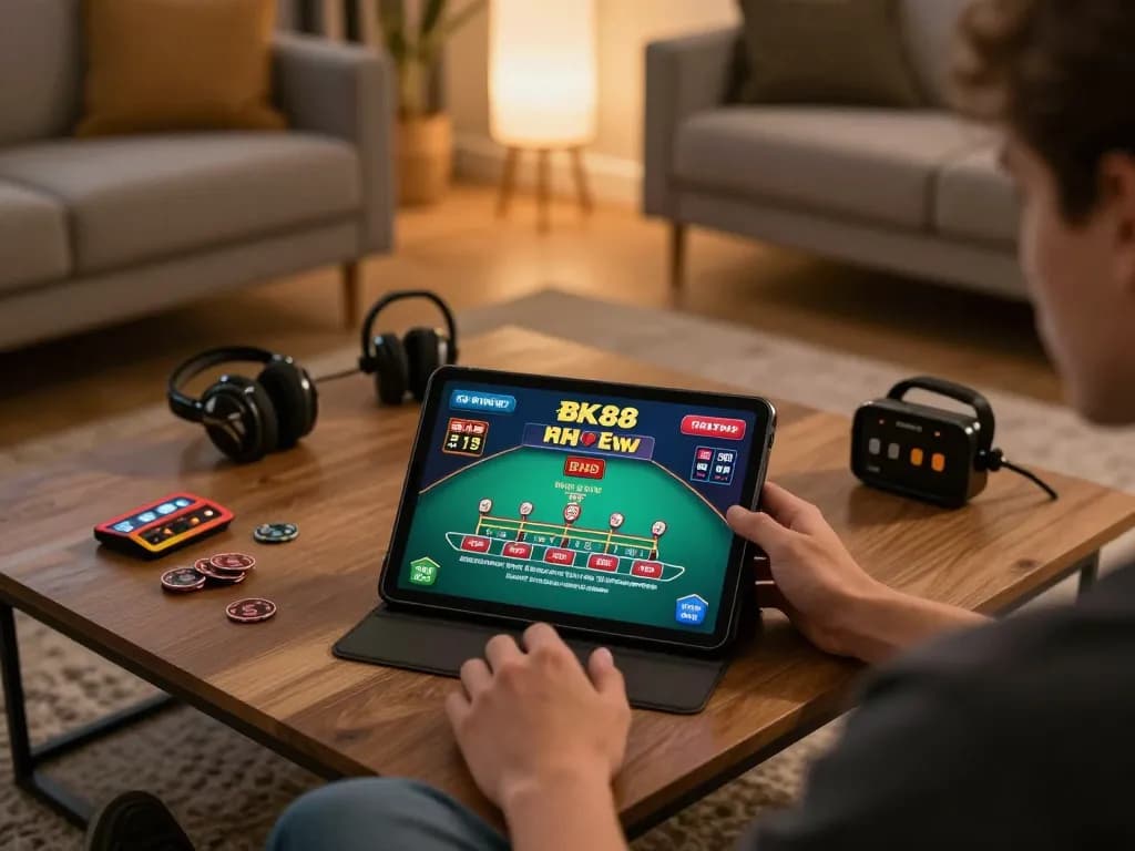 Engaging scene of a player using a tablet for BK88 online gaming during cozy evening.