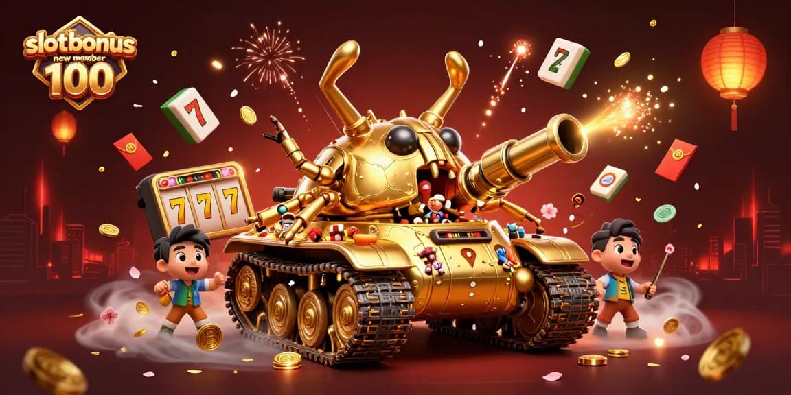 Mainkan slot bonus new member 100 dalam ilustrasi 3D kasino memikat dengan fitur menarik dan penuh warna.