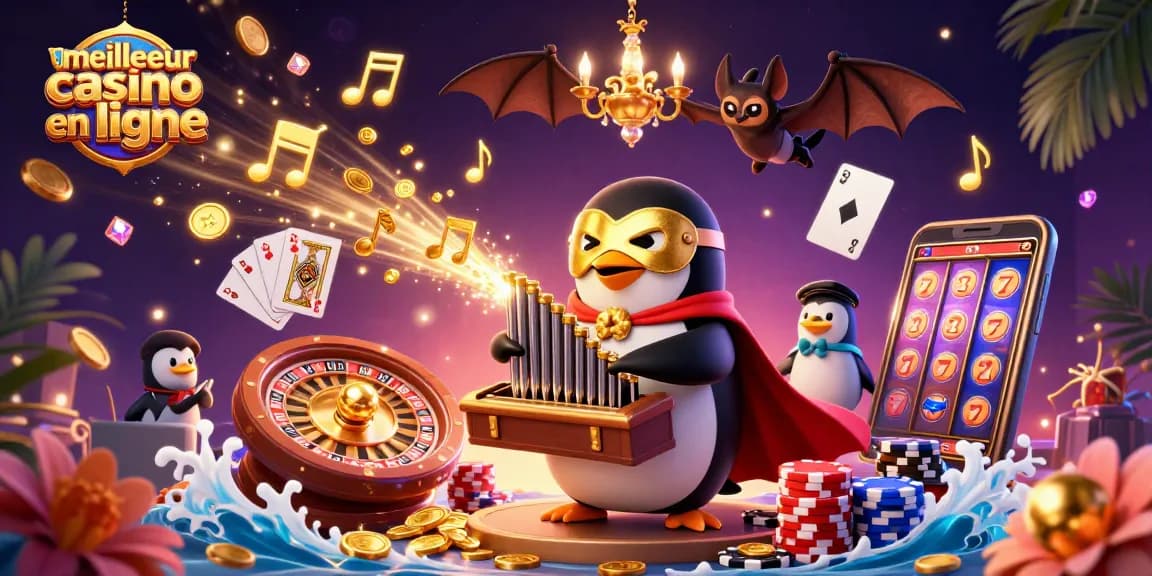 Illustration colorée du meilleur casino en ligne avec un pingouin-joueur de pipe organ, entouré de pièces d'or et de cartes.