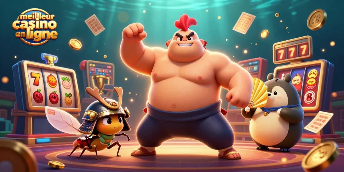 Visualisez le meilleur casino en ligne avec un sumo robuste, un criquet samouraï et un tanuki annonçant des gains exaltants.