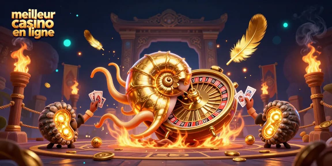 Visualisez le meilleur casino en ligne avec un nautilus géant, des pièces d'or et une ambiance lumineuse captivante.