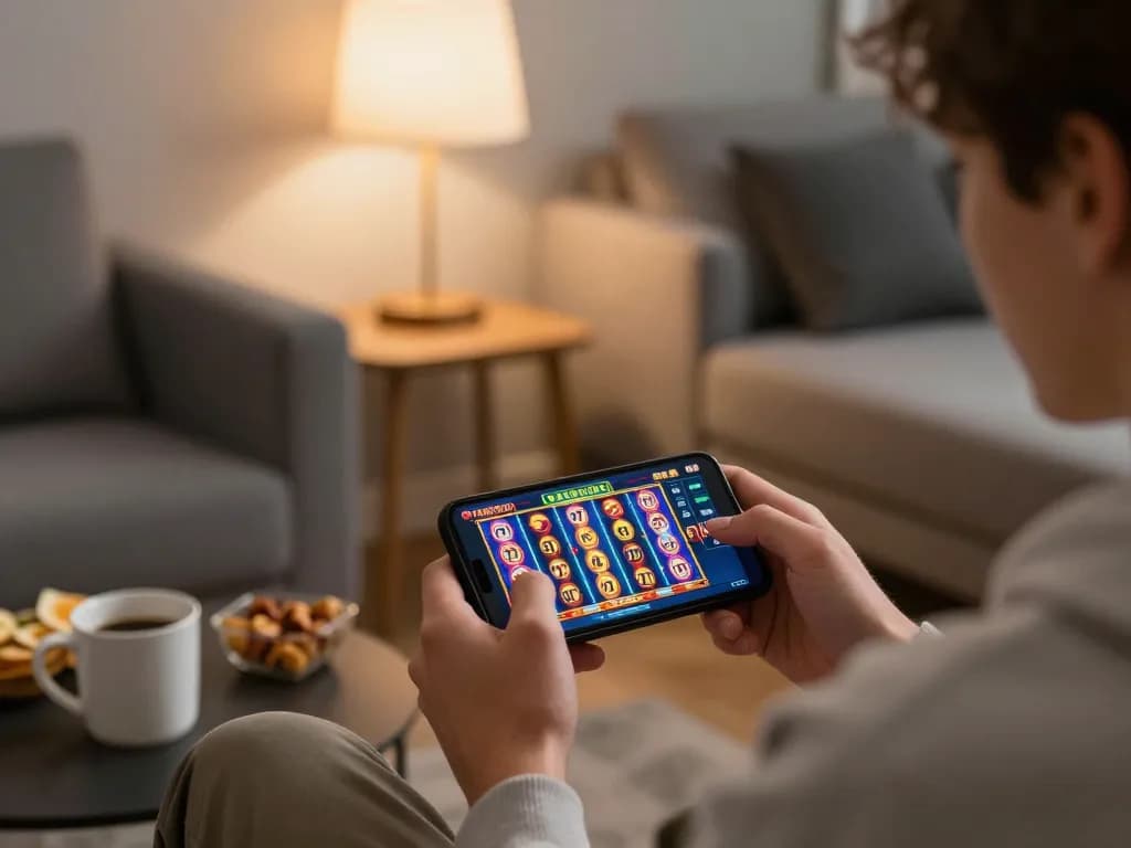Engaging with slot77 online slot game on smartphone in a cozy home setting