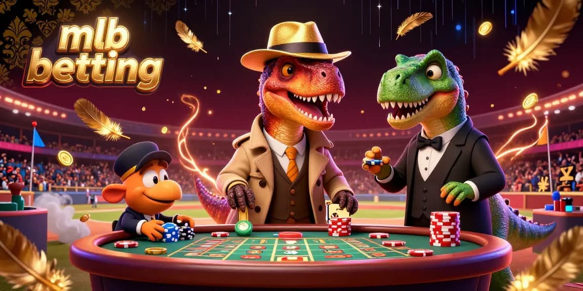 Experience MLB betting with animated dinosaurs and vibrant casino action in an epic illustration.