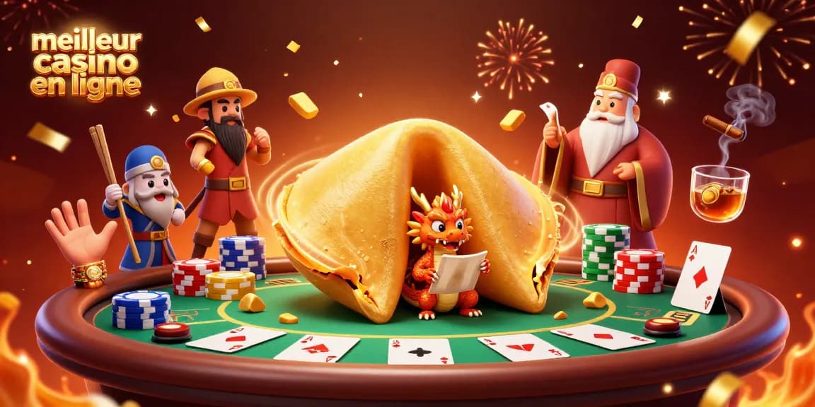 Avec le meilleur casino en ligne, découvrez une scène dynamique de poker animée par un cookie de fortune et un dragon sage.