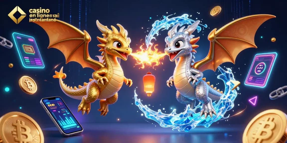 Jouez au casino en ligne retrait instantané, avec des dragons animés et des éléments de crypto-monnaie stylés.