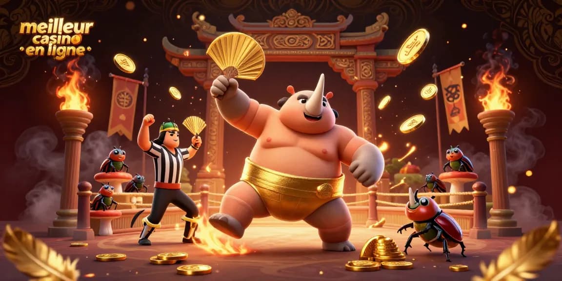 Illustration 3D du meilleur casino en ligne avec un rhinocéros cartoon sumo, des pièces d'or et une ambiance captivante.