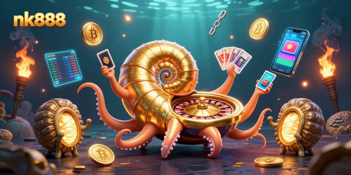 Engage with the vibrant nk888 casino world featuring a giant nautilus roulette wheel and glowing crypto elements.