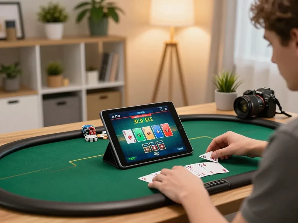 Engaging in online gaming at the best widget store with a cozy home setup for strategic poker play.