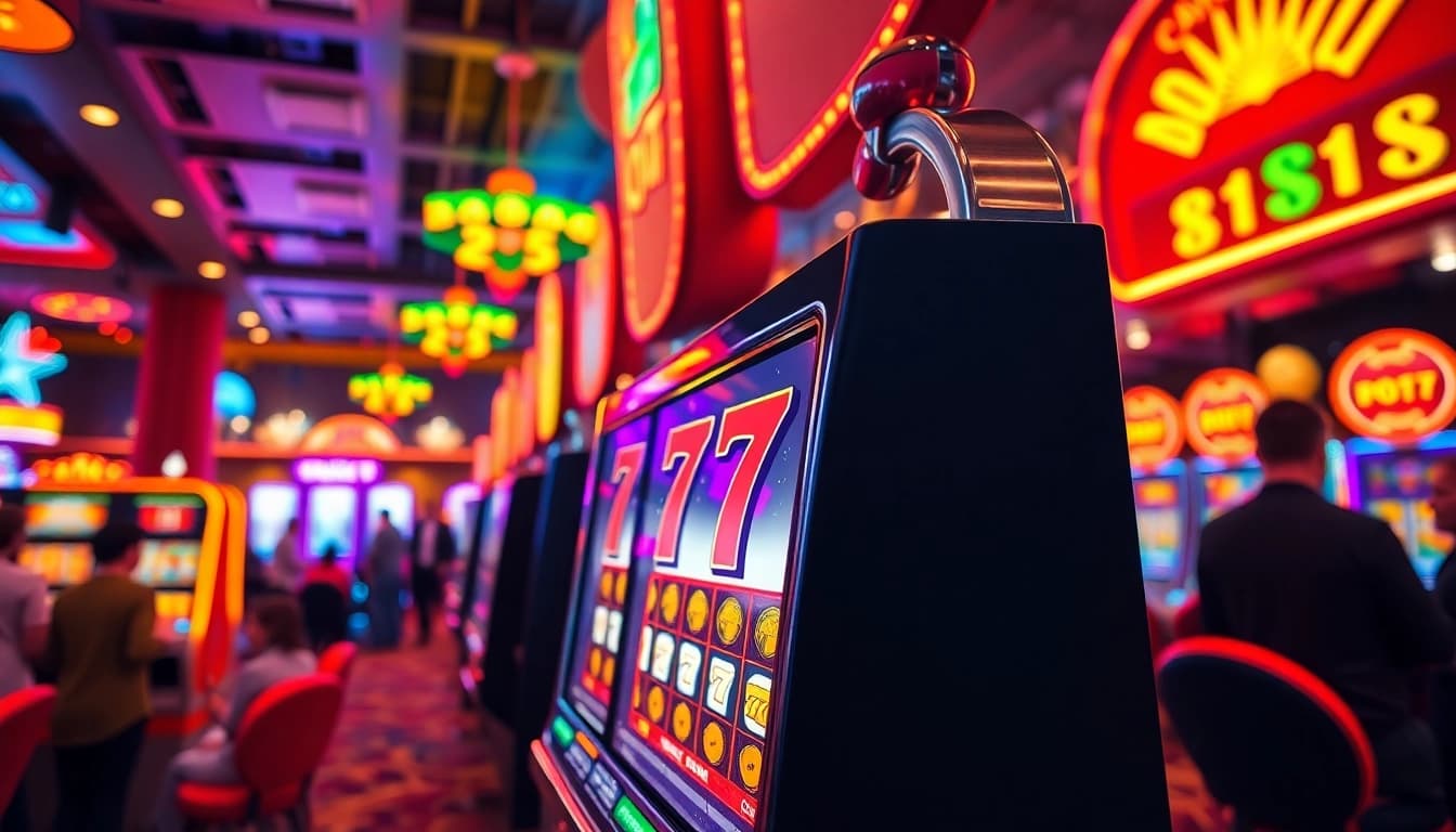 Bermain slot777 dengan mesin slot yang menawan dan suasana kasino yang ramai.