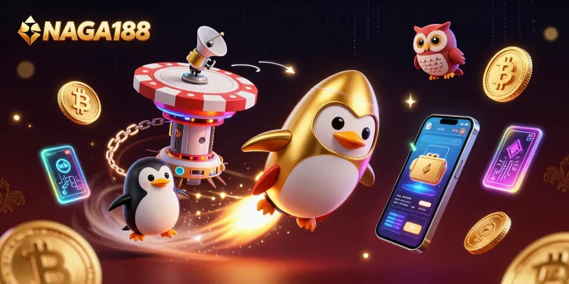 NAGA188 menghadirkan ilustrasi 3D yang menggambarkan karakter penguin emas dengan roket, dikelilingi koin Bitcoin dan Ethereum dalam suasana kasino.