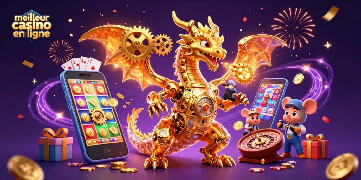 Vivez l'expérience du meilleur casino en ligne avec un dragon doré et des jeux colorés.