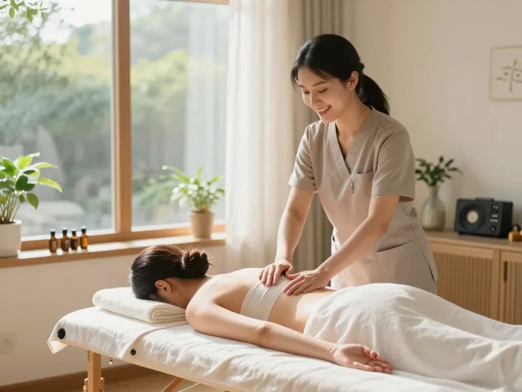Professional 출장마사지 session setup with a friendly therapist and calming atmosphere.