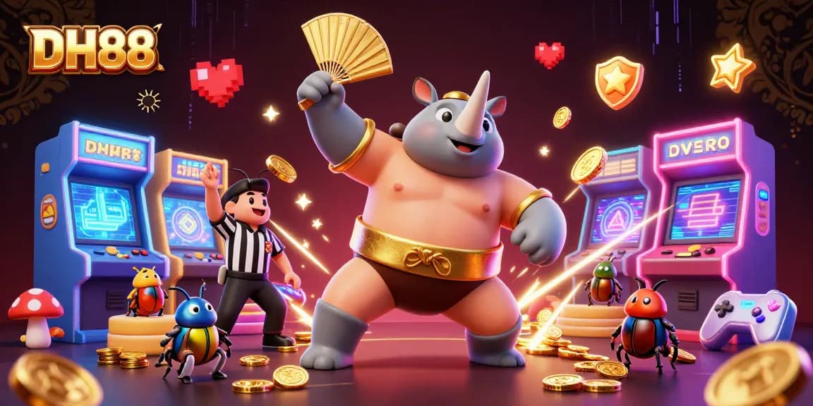 Engage in thrilling casino gameplay at DH88 with colorful characters and vibrant items surrounding a beetle sumo champion.