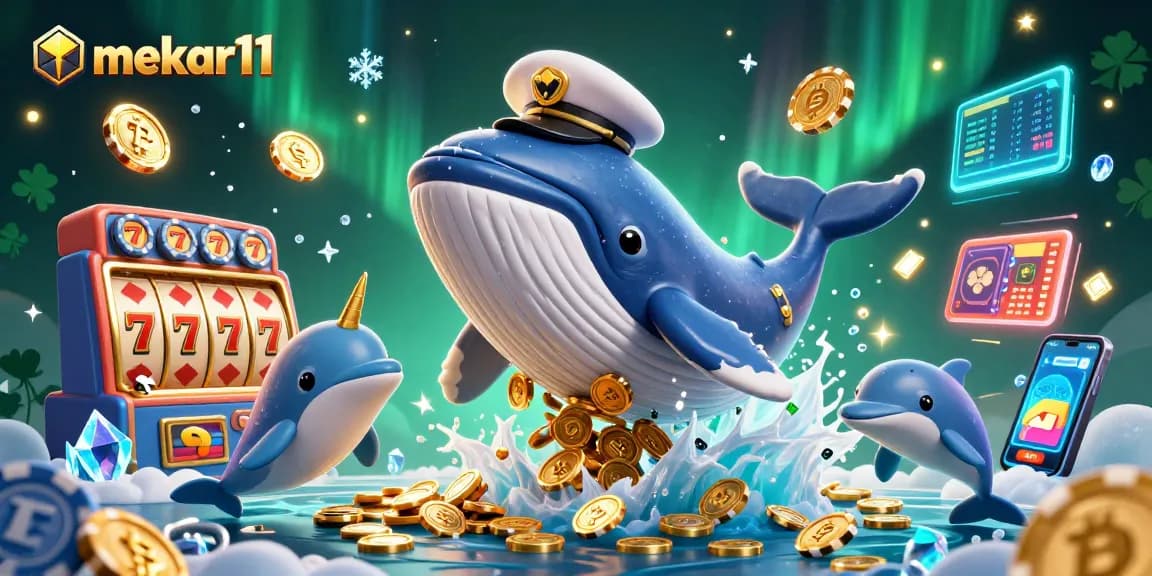Experience excitement at mekar11 with a vibrant 3D casino illustration of whales and dolphins in a winning scene.