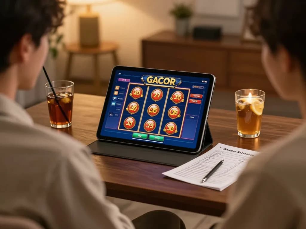 Player analyzing slot gacor data on tablet, focusing on responsible online gambling strategies in a cozy setting.
