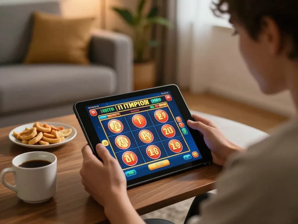 Engaging with LC99 online casino on tablet in a cozy home setting