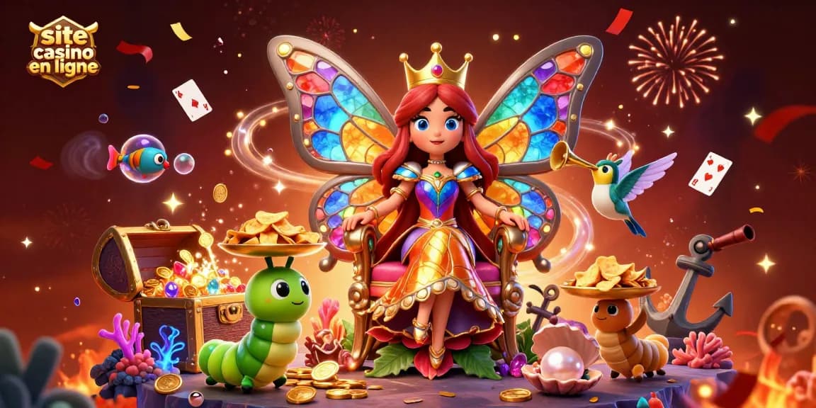 Gagnez au site casino en ligne avec une illustration 3D d'une reine papillon et des jeux colorés.