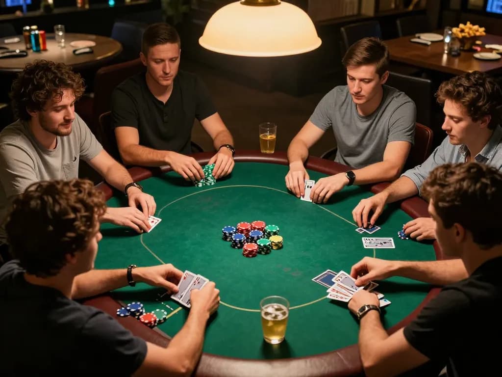 Friends enjoy a lively poker game while playing at home with 98win's platform.