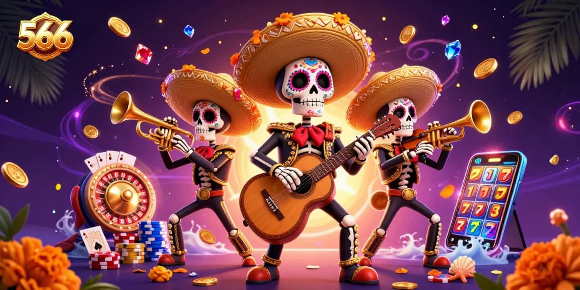 Engage with 566's lively mariachi theme featuring vibrant casino elements.