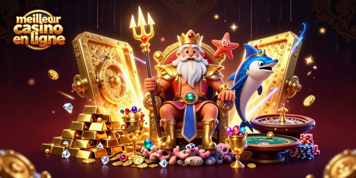 Explorez le meilleur casino en ligne avec cette scène animée de Neptune, roulette et trésors.