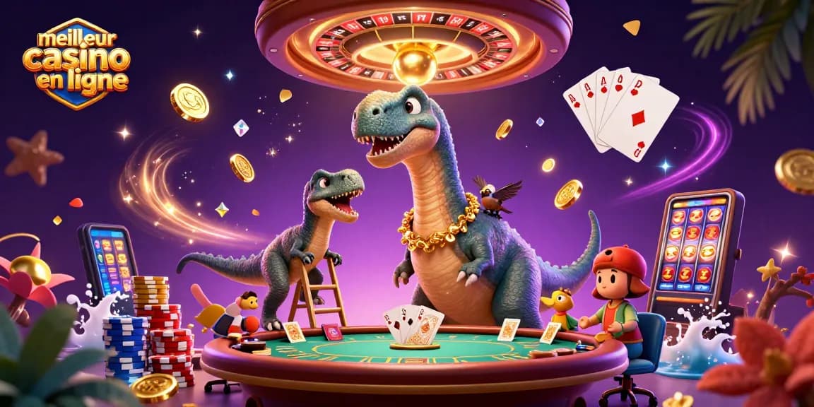 Une illustration dynamique du meilleur casino en ligne avec des personnages de dinosaure au poker.