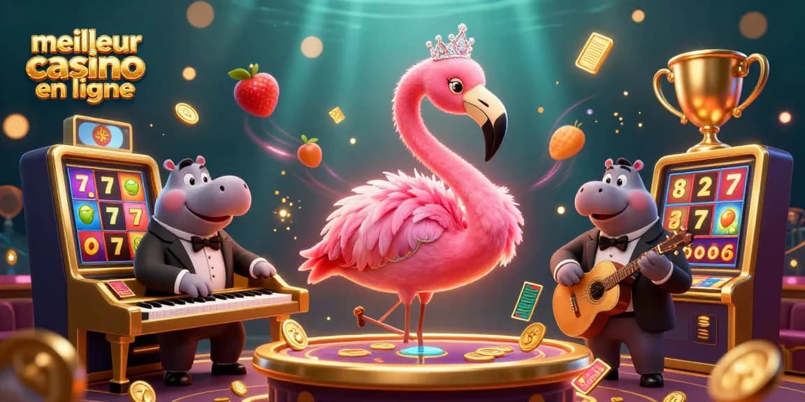 Une scène dynamique d'un meilleur casino en ligne avec un flamant chantant et une ambiance festive.