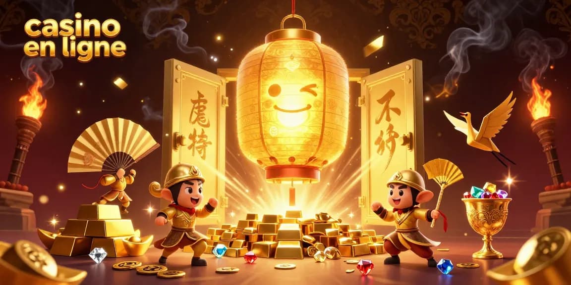 Jouer au casino en ligne avec des personnages et symboles chanceux dans une ambiance festive.