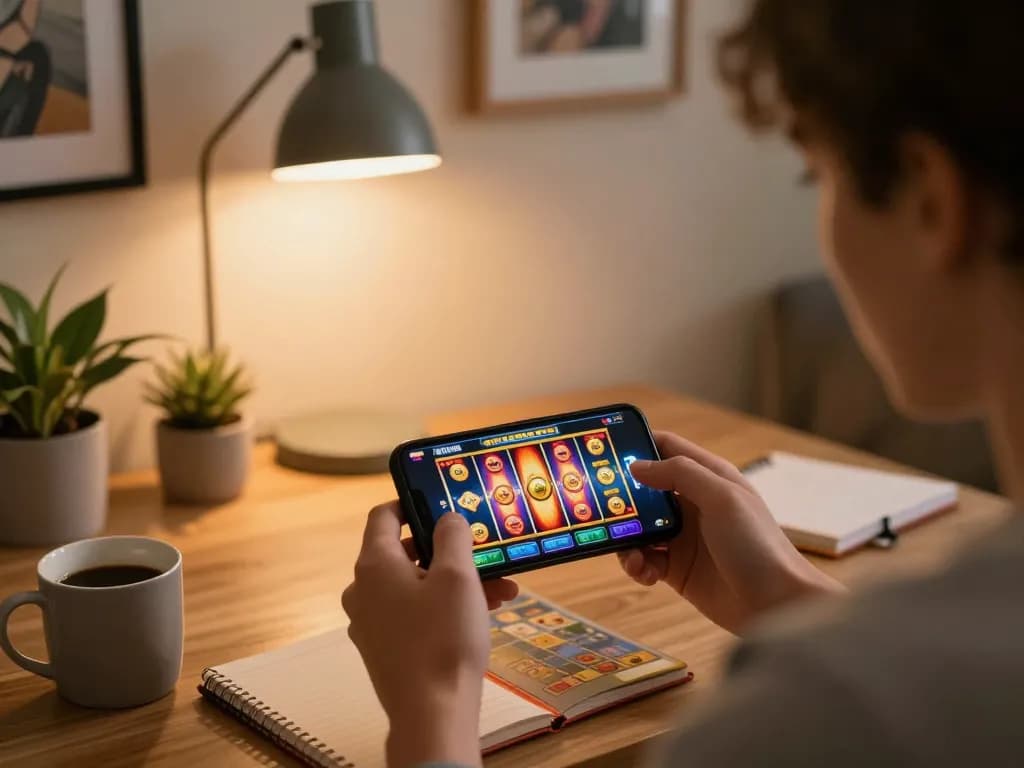 Engaging mobile slot gaming session showcasing vibrant reels and strategy notes in a cozy setting