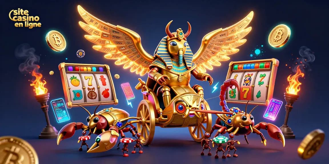 Jouer sur un site casino en ligne avec une scène de machine à sous, scarabée doré et éléments crypto