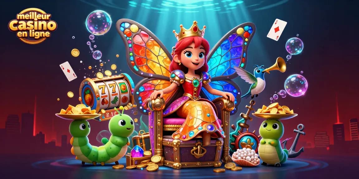 Jouez au meilleur casino en ligne avec la reine papillon et des personnages fantastiques dans un monde vibrant.