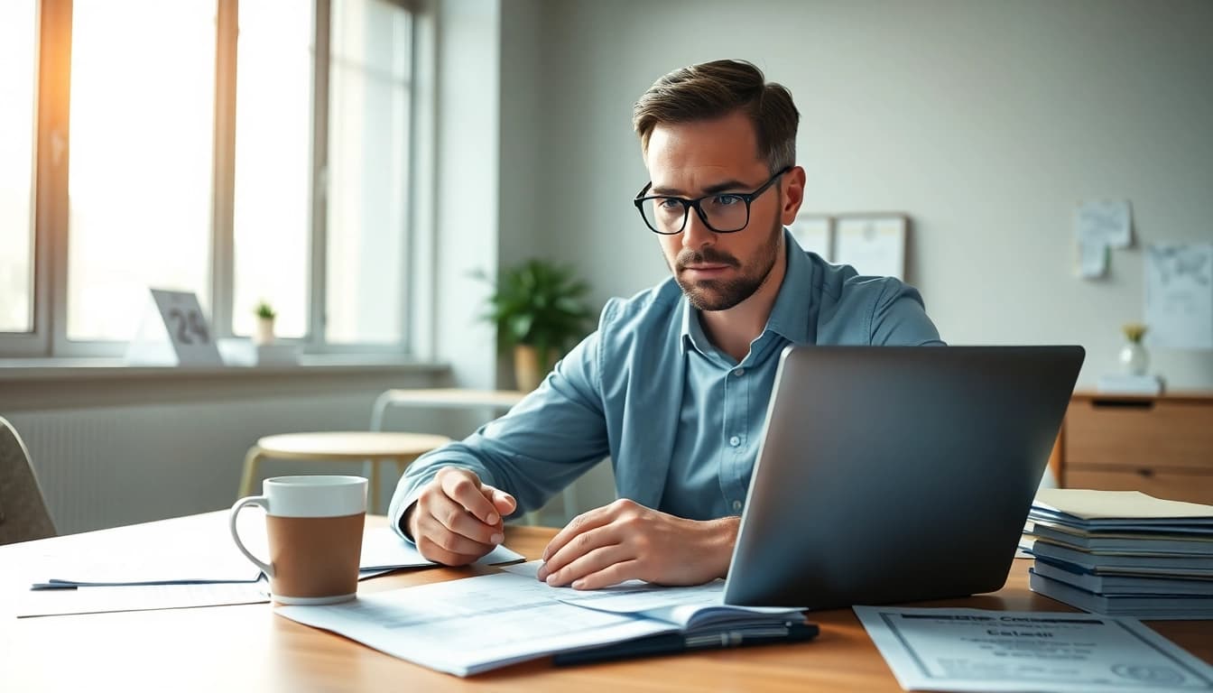Engaging professional examining Registration and certification in Federal databases for federal contracts at a desk.