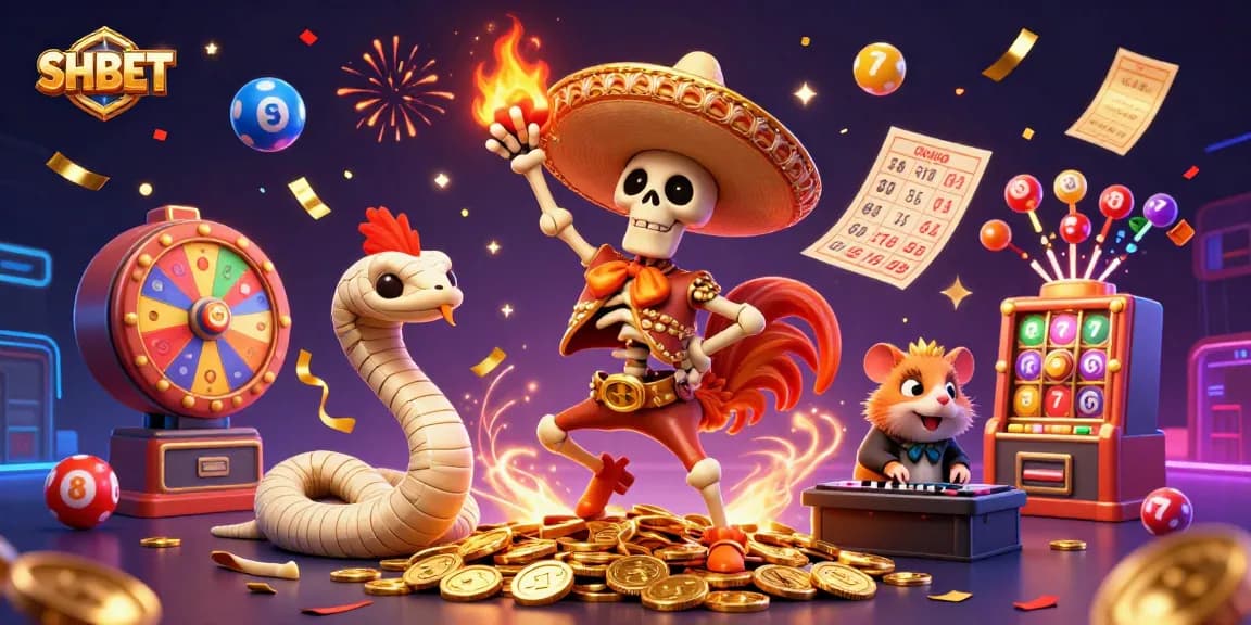 Engage in thrilling games at SH BET with vibrant casino elements and celebratory characters.