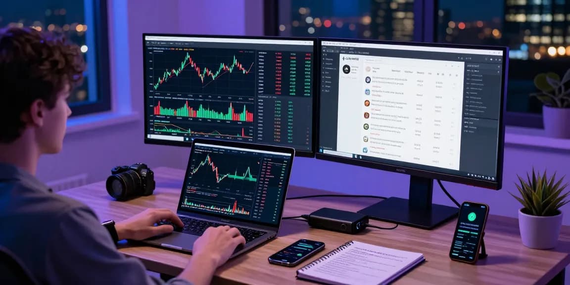 HCNWF stock price chart displayed on multiple monitors in a modern crypto trading setup.