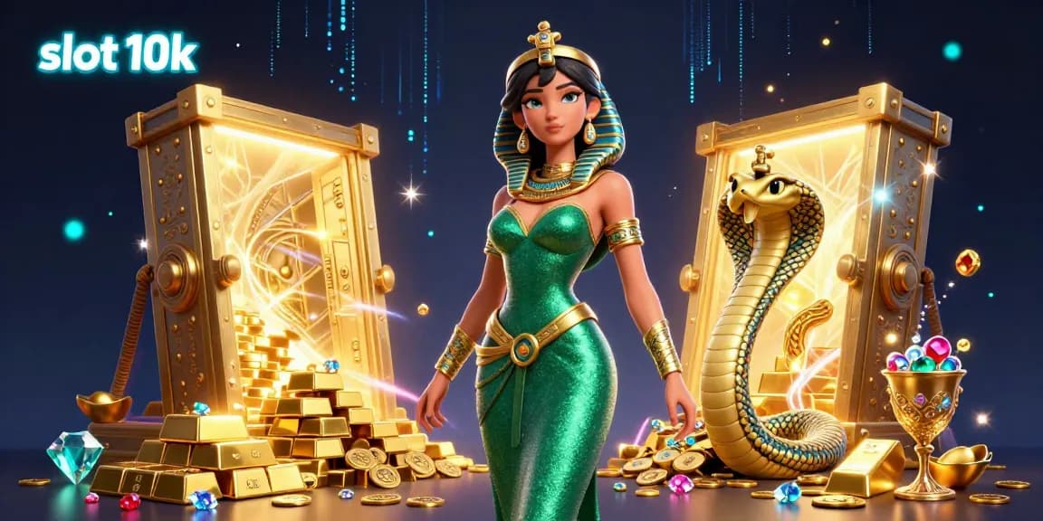 Experience thrilling wins with slot 10k, surrounded by golden treasures and sparkling gems in a vibrant casino scene.