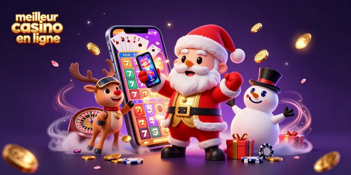 Découvrez le meilleur casino en ligne avec Santa à côté de son smartphone jackpot et ses amis, prêt à jouer !