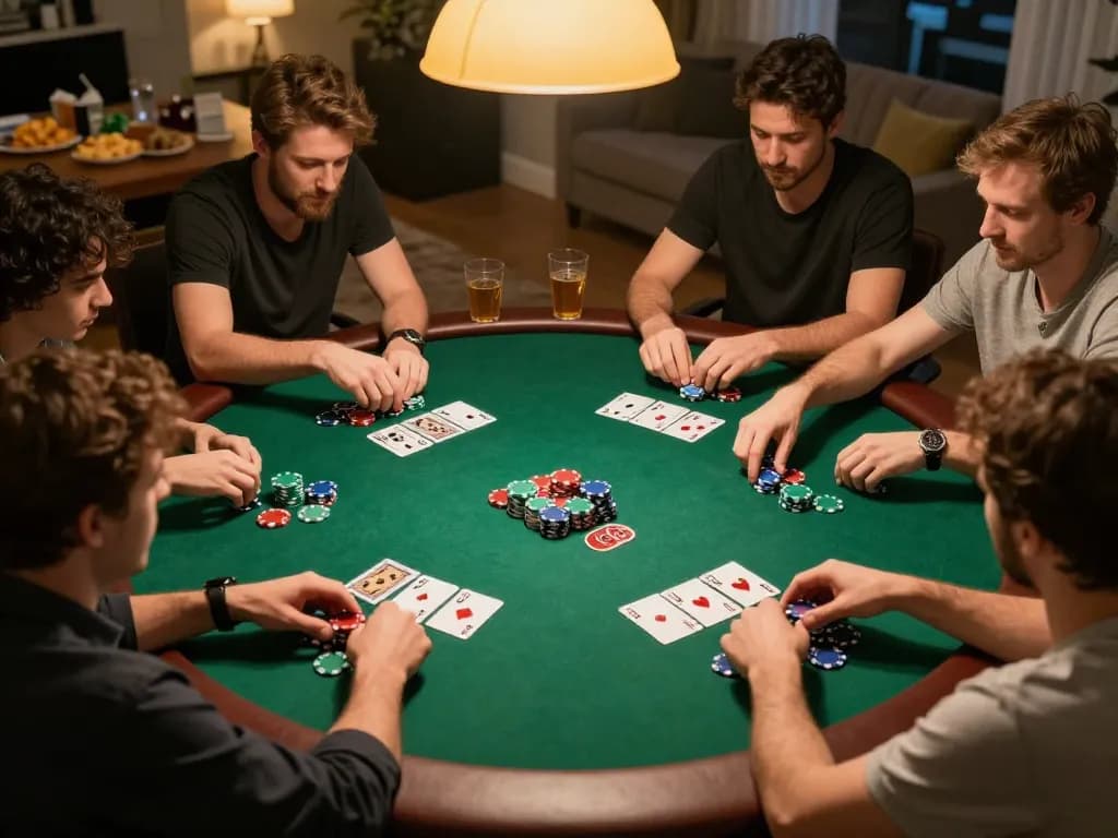 Players at a home poker game night enjoying onbet with Texas Hold'em strategy