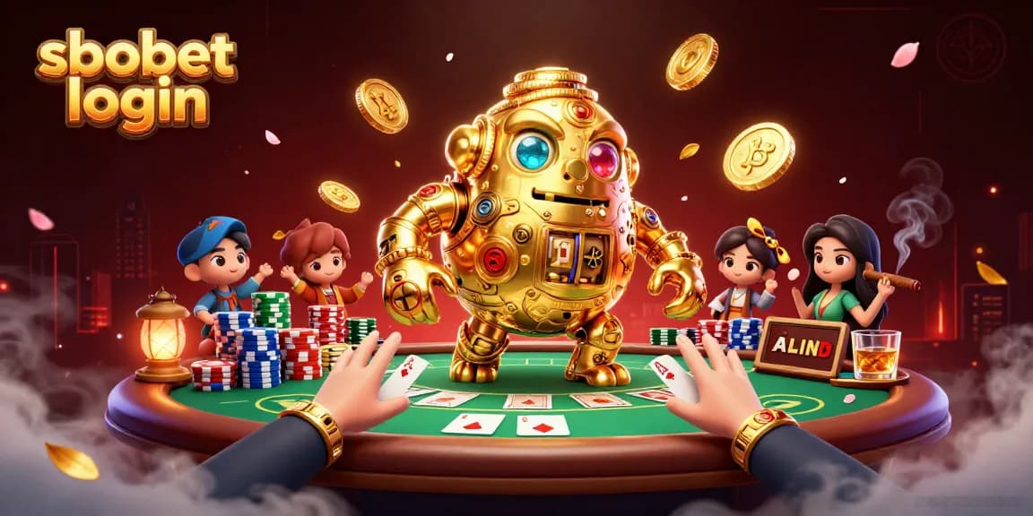 Engage with sbobet login at a vibrant 3D illustration featuring a golden golem and poker elements.