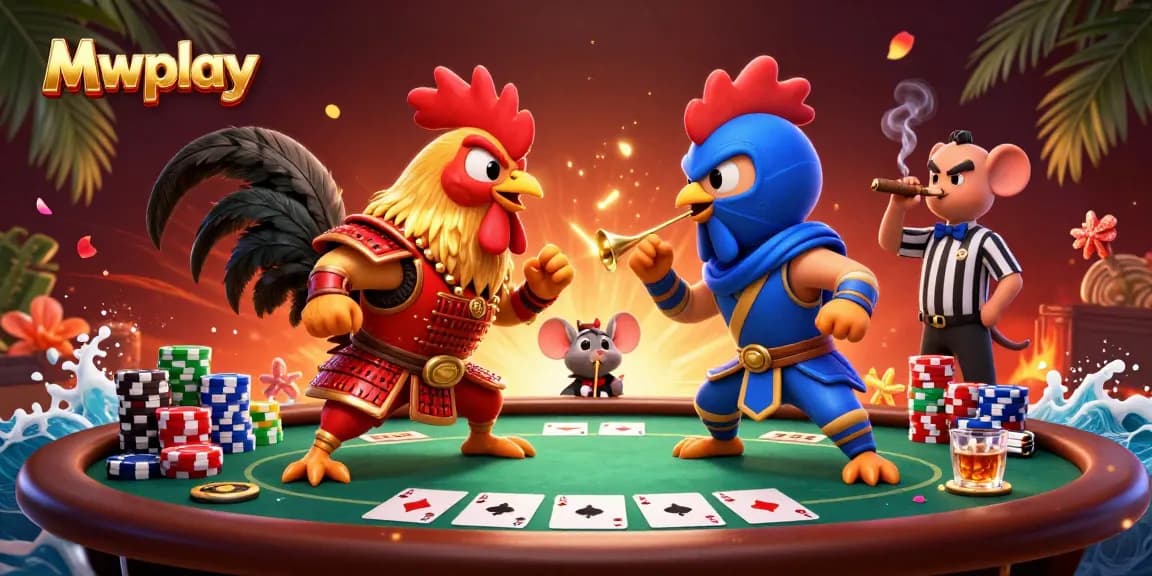 Mwplay captivates players with a thrilling illustration of cartoon cockfighting featuring vibrant tournament action and rich casino elements.