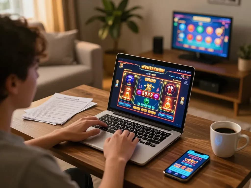 iWin player engaging in strategic online gambling session on laptop at home.