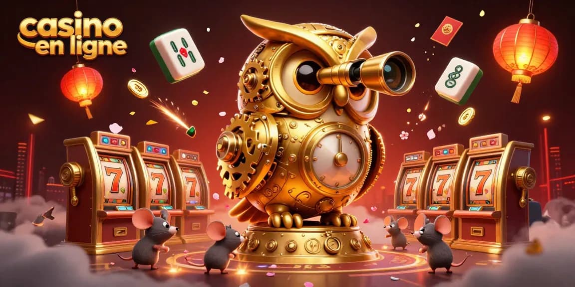 Un casino en ligne vibrant avec une chouette dorée et des machines à sous en arrière-plan.